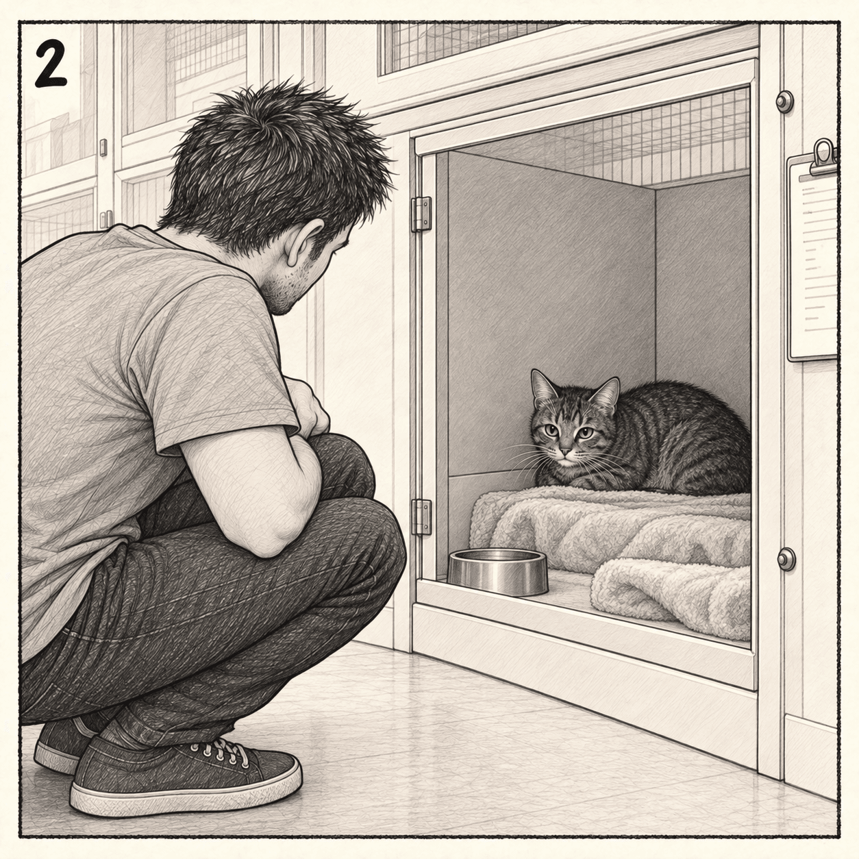 His human crouches outside Udo’s individual shelter enclosure, leaving space. Udo watches from his blanket.