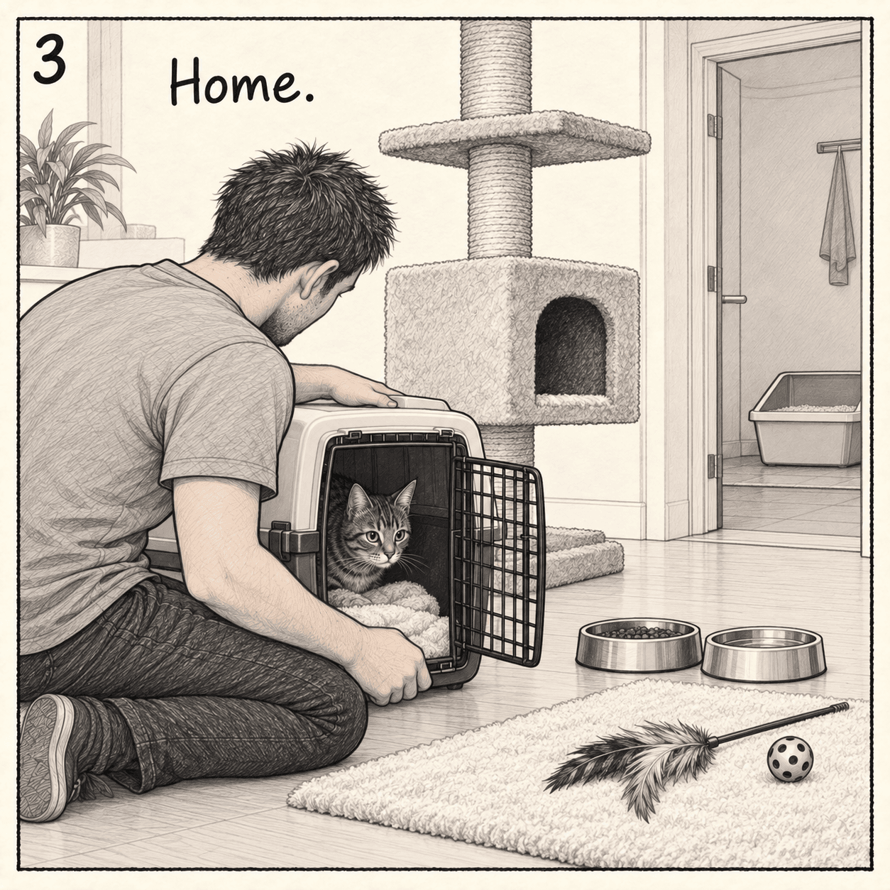 “Home.” Udo watches from an open carrier beside a prepared cat tree, bowls and toys. A litter tray is visible in the bathroom.