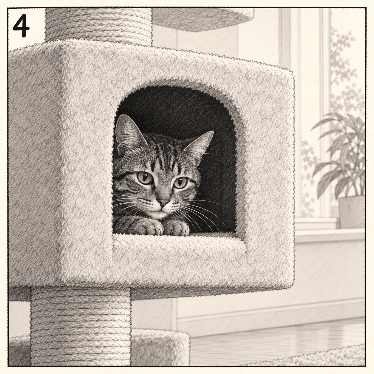 Udo’s cautious face peeks out from the protected darkness of the cat-tree cubby.