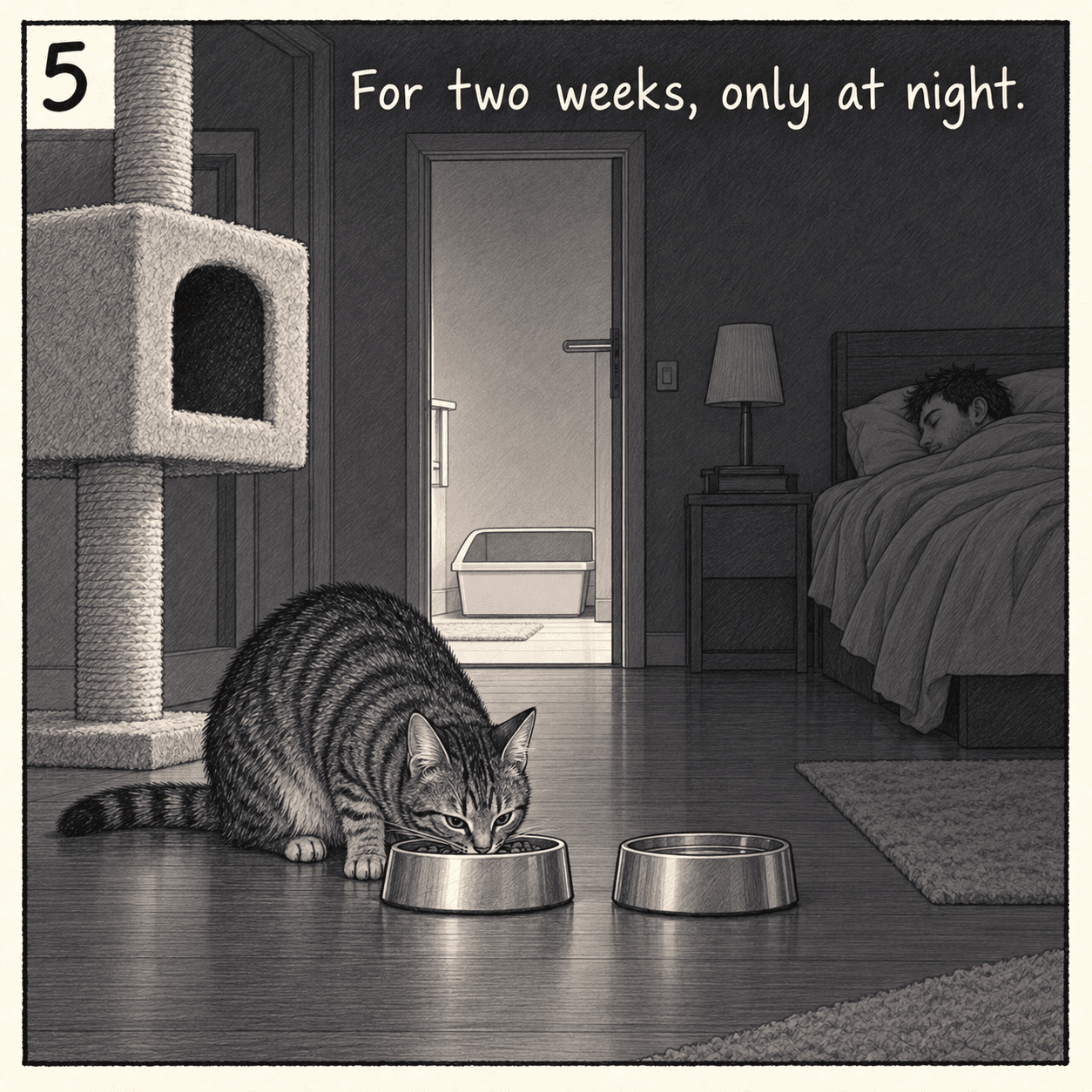 While his human sleeps, Udo ventures out to eat. Caption: “For two weeks, only at night.”
