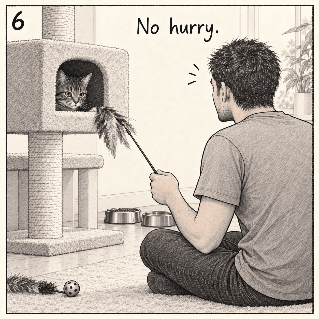 His human sits at a respectful distance with a feather wand while Udo watches from the cubby. “No hurry.”