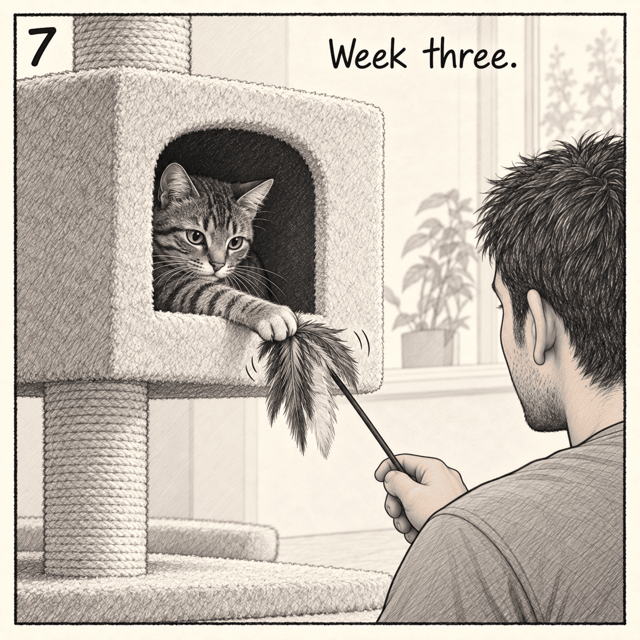 “Week three.” Still inside the cubby, Udo reaches out to catch the feather at the end of the wand.