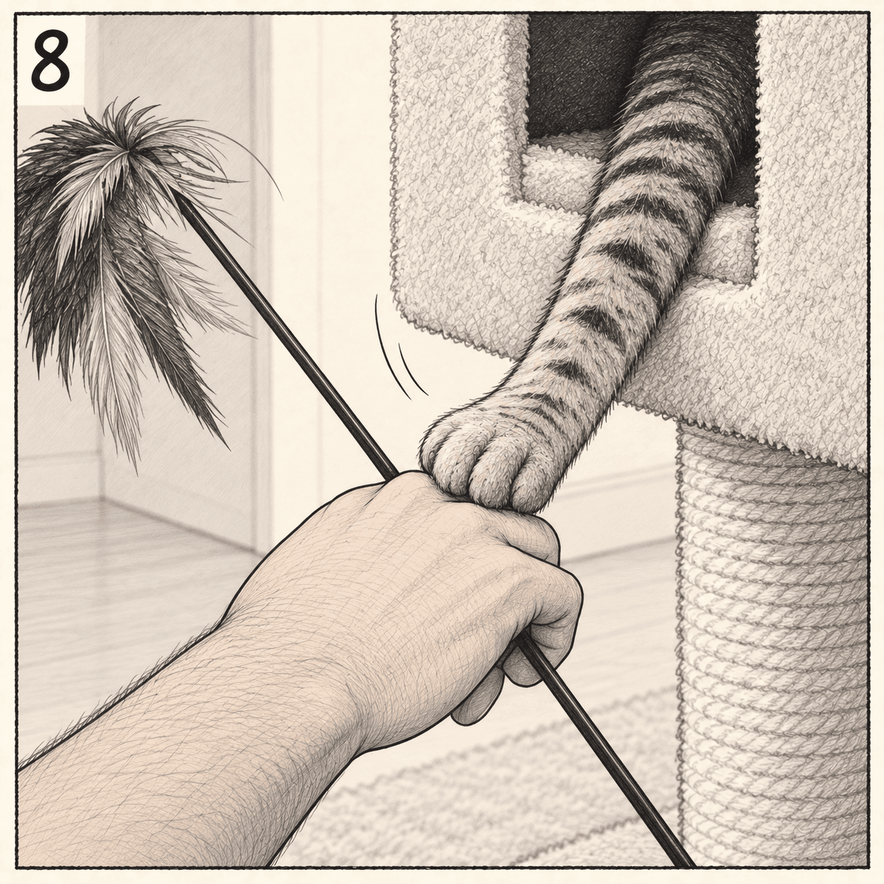 As if stretching, Udo extends a foreleg along the wand and rests his paw lightly on his human’s still hand.