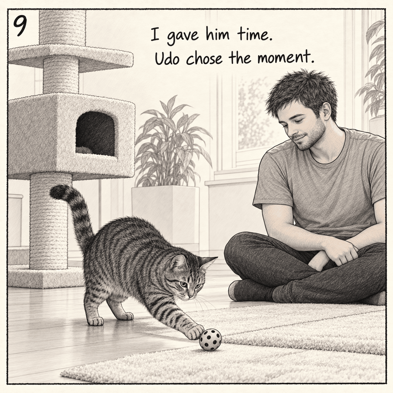 Udo plays with a ball in daylight while his human sits nearby. “I gave him time. Udo chose the moment.”