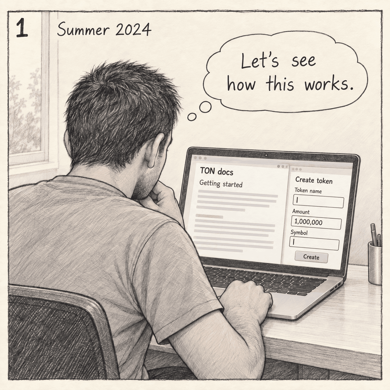 At his Mac, Udo’s human reads TON documentation beside an unfinished token form.