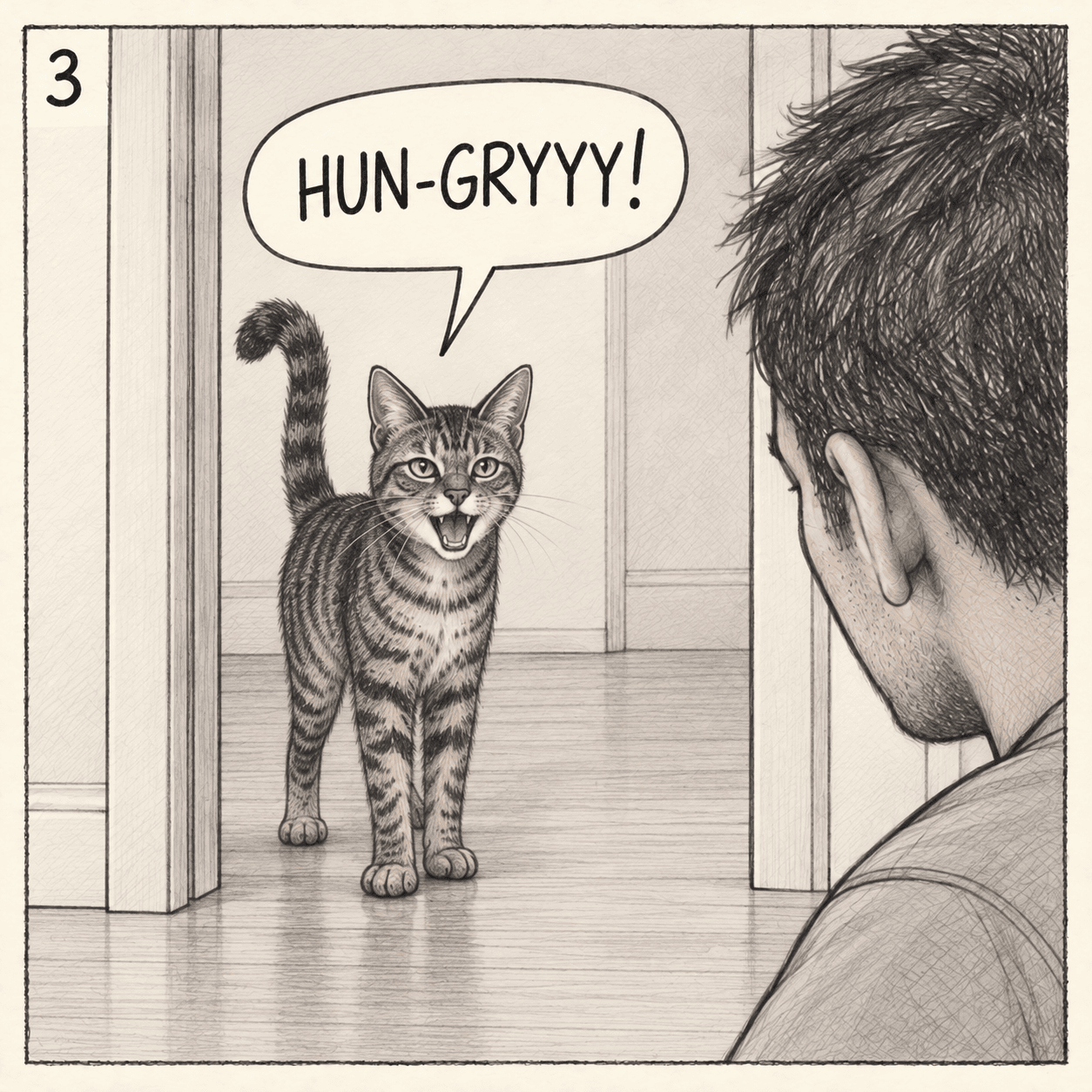 Pencil illustration of Udo arriving at the office doorway, calling HUN-GRYYY!