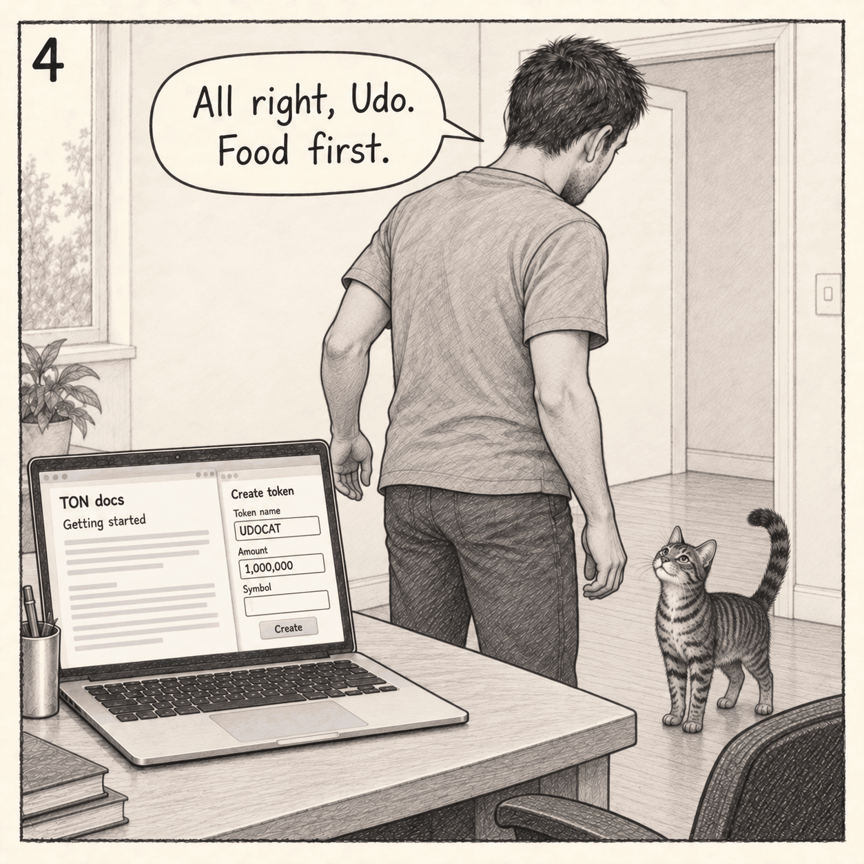 The name UDOCAT is entered. His human gets up to prepare dinner; Udo waits on the floor.
