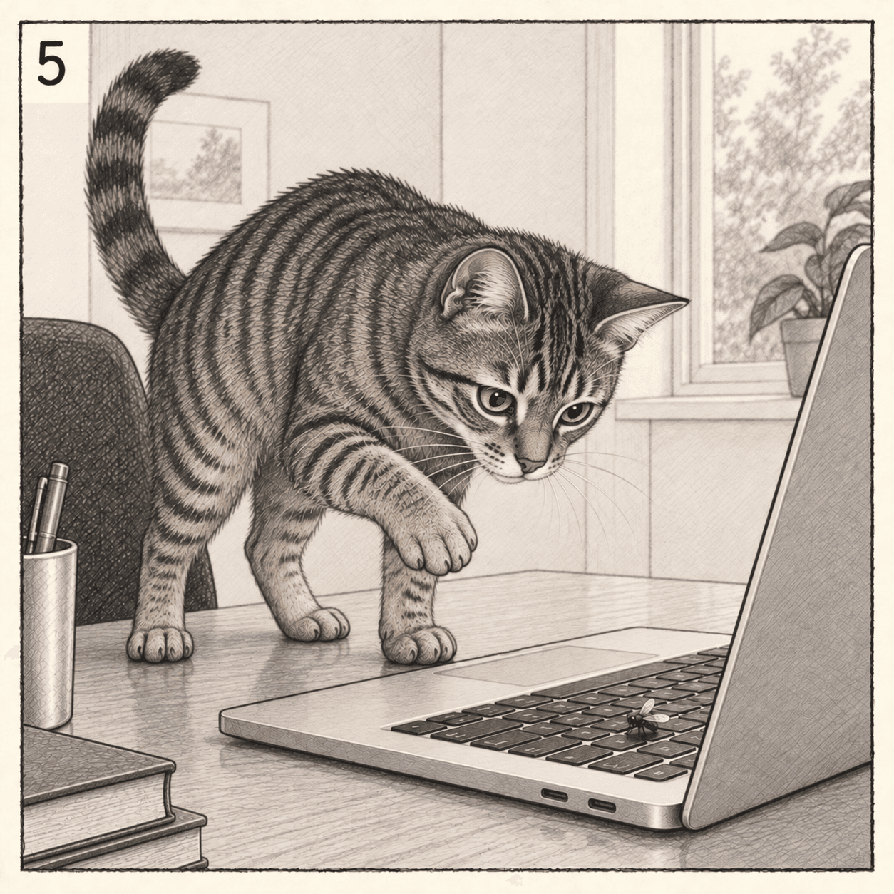 On the desk, Udo spots a fly on the keyboard and raises one paw.