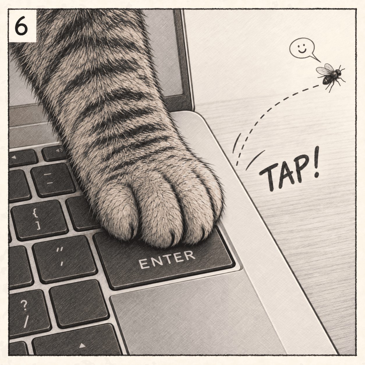 TAP! Udo’s paw lands on ENTER. The escaping fly has a tiny smiling speech bubble.