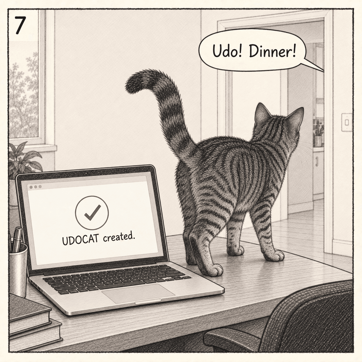 The Mac shows “UDOCAT created.” Udo turns towards the kitchen when called for dinner.