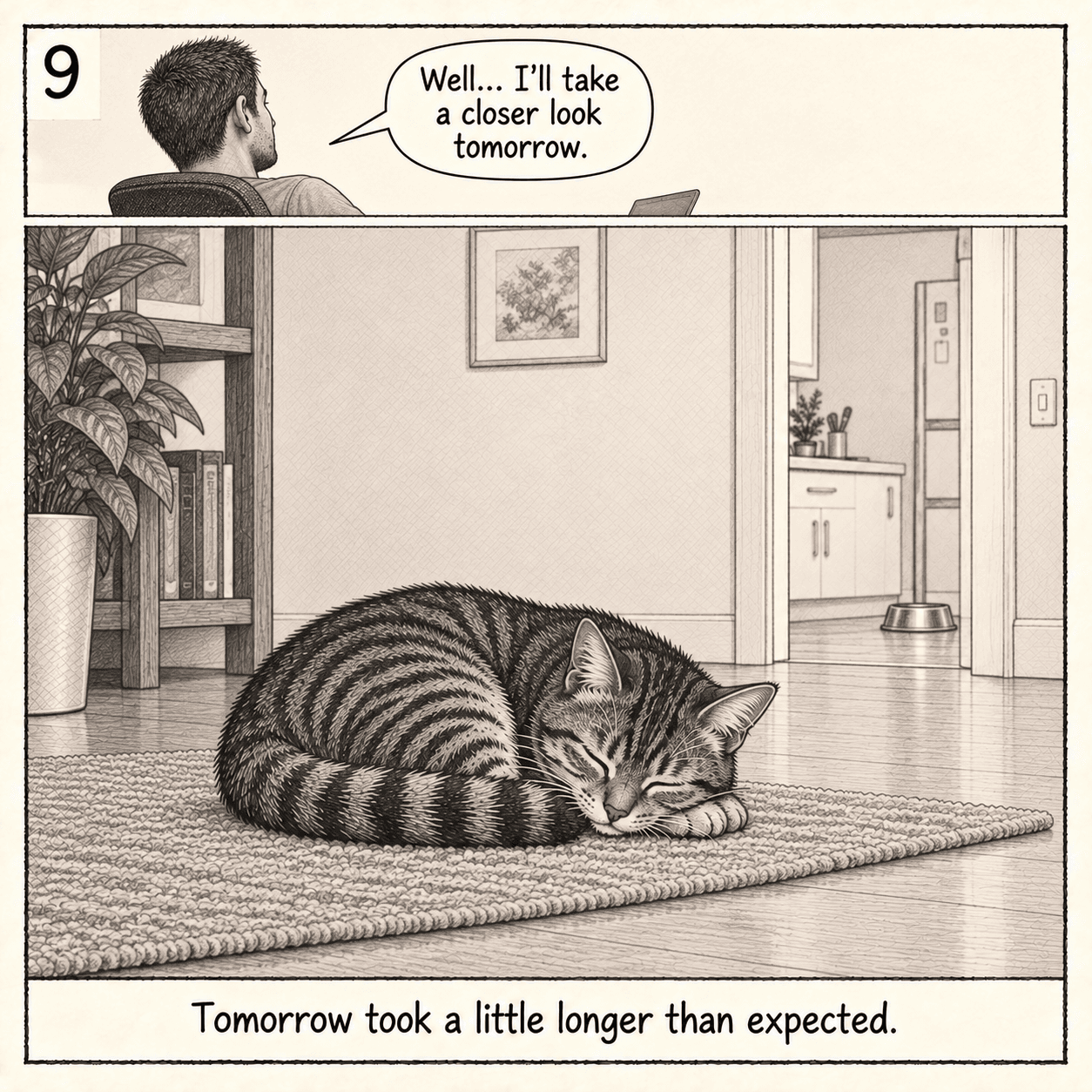 A small top strip says he will look tomorrow. Below, Udo sleeps on a rug; his empty bowl remains in the kitchen.
